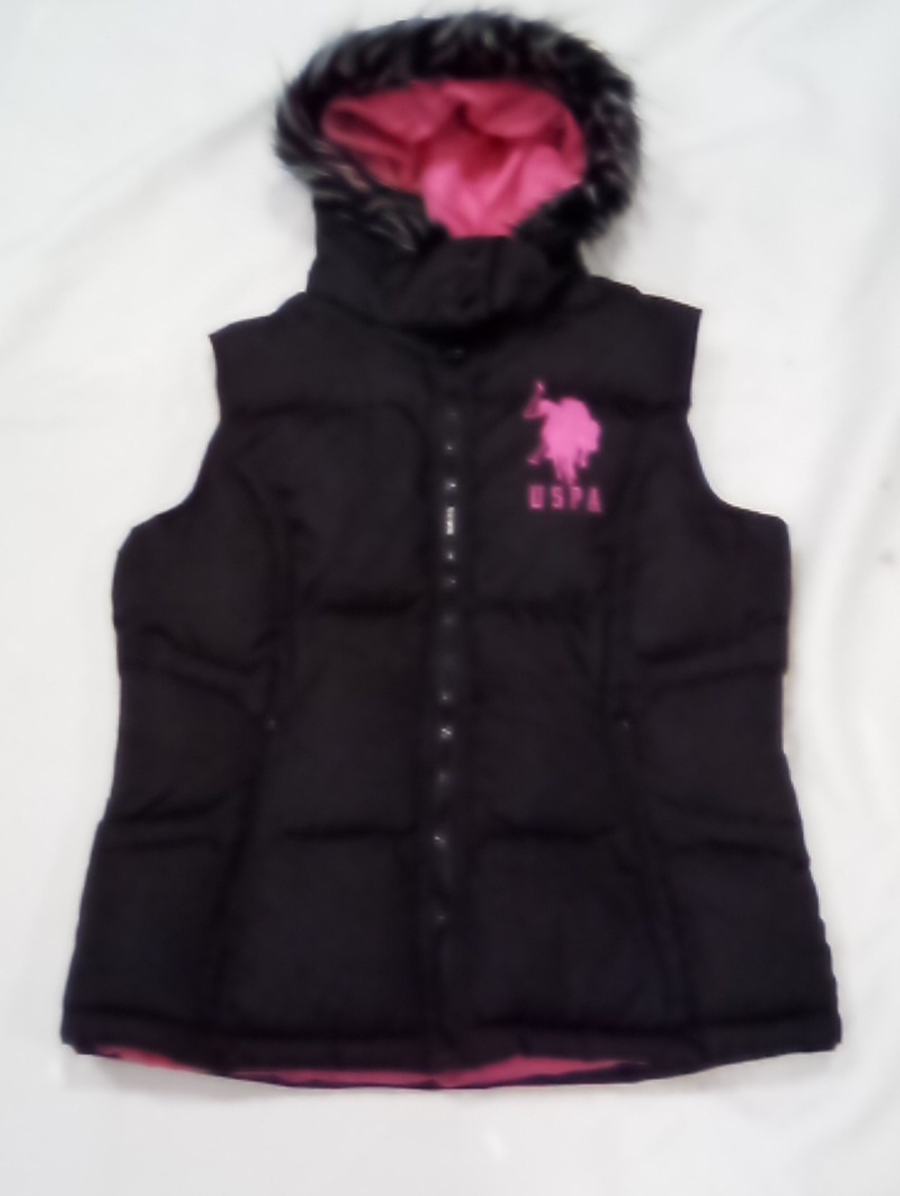 U.S. Polo Assn. Black Quilted Vest with Pink Lining & Faux Fur Hood